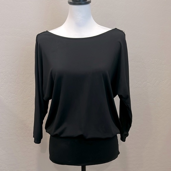 WHBM Black 3/4 Sleeve Embellished Soft Stretch Knit Reversible Pullover Top - M - Picture 1 of 12